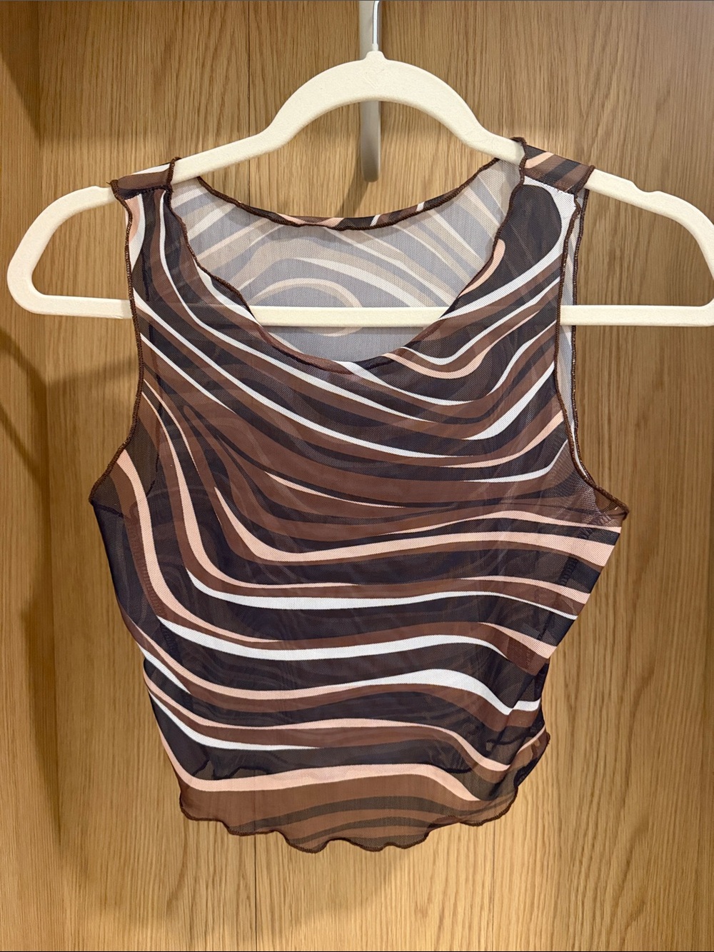 Sheer Wave-Print Sleeveless Crop Top - Brown/Pink